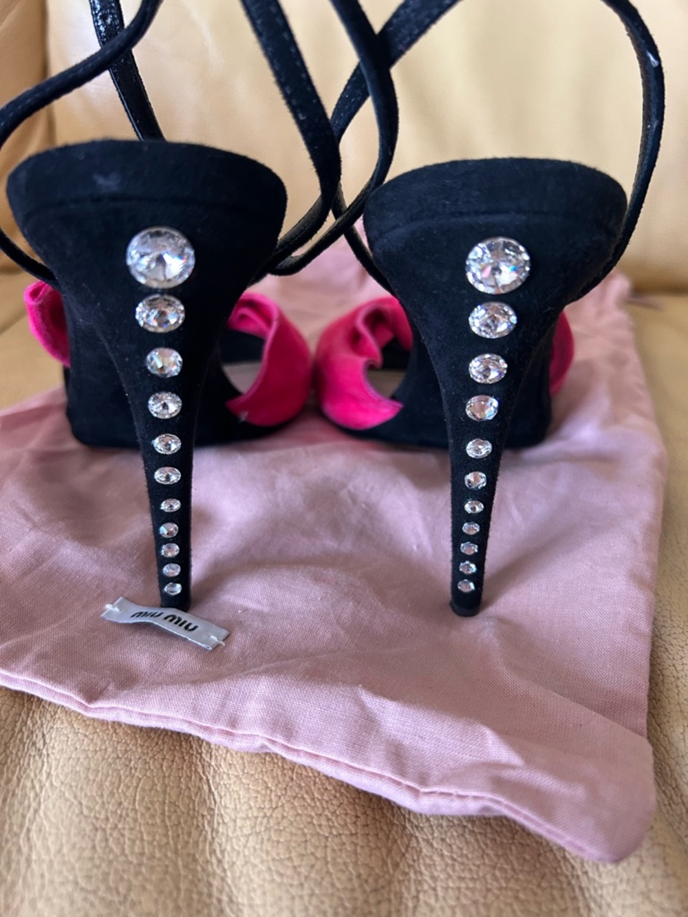 Miu Miu Black Suede Slingback Heels with Hot Pink Bow - Picture 5 of 7